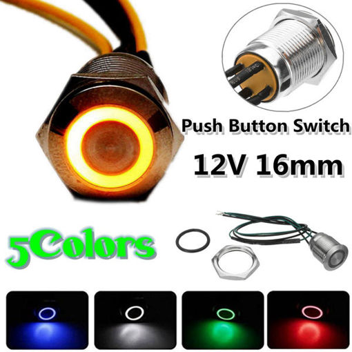 Immagine di 12V 1-3A 16mm 5 Colors LED Power Self-locking Push Button Switch Silver Aluminum Metal Latching Type