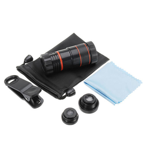 Immagine di Apexel CL-19B85 4 in 1 8X Telescope Zoom Fisheye Wide Angle Macro Lens for Mobile Phone Tablet