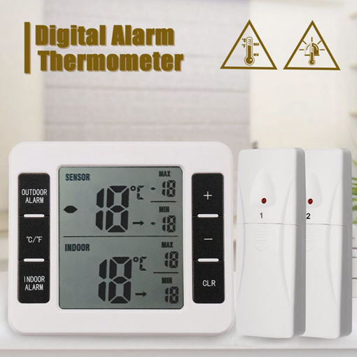Picture of Wireless Digital Freezer Electronic Thermometer 2PC Sensor Indoor Outdoor Audible Alarm LCD Display
