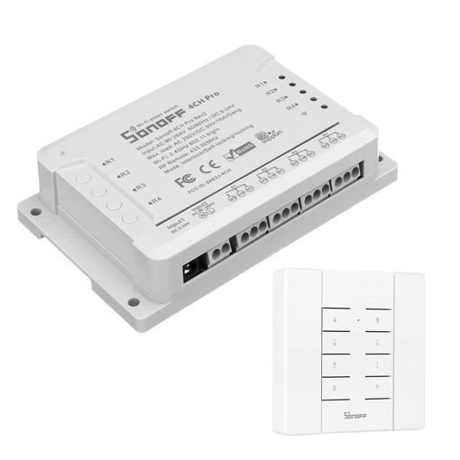Picture of SONOFF 4CH Pro R2 10A 2200W 2.4Ghz 433MHz RF Inching/Self-Locking/Interlock Smart Home Module WIFI Wireless Switch With RM433 Remote And Base APP Remote Control AC 90V-250V / 5-24V DC Din Rail Mounti