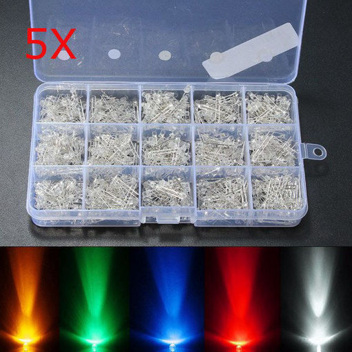 Picture of 5 Set 750Pcs-in-1-set 3mm Diodes LED Light Yellow Red Blue Green White Assortment DIY Kit