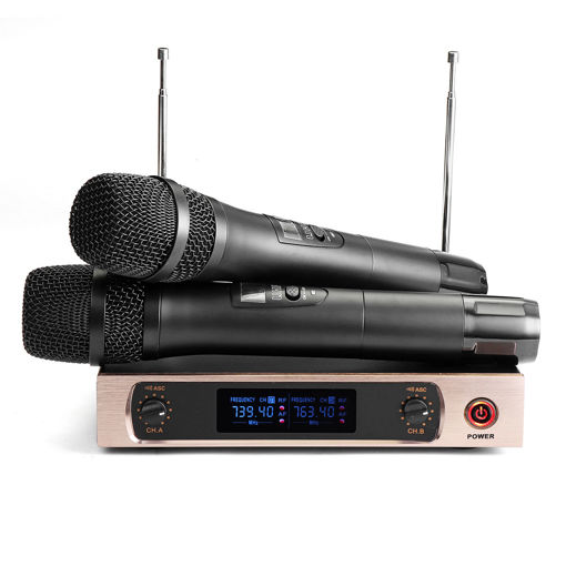 Immagine di UHF Wireless Microphone System LCD Display Dual Handheld Mic Party KTV Cordless Microphones