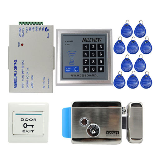 Picture of RFID Door Access Control System Kit Set with Electric Control Door Lock Keypad Keyfobs Unlock Button