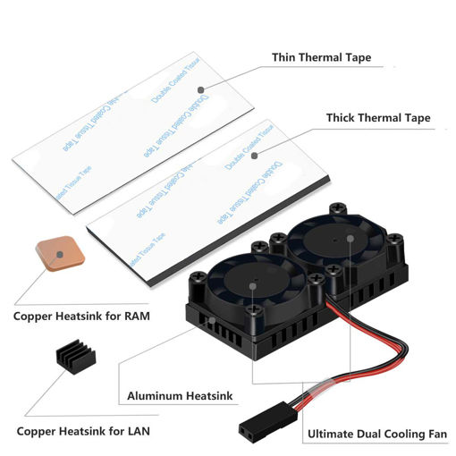 Picture of Ultimate Dual Cooling Fan +  Aluminum Heatsink + Copper Heatsink + Thermal Tape Kit For Raspberry Pi 3B+ /3B/2B/B+