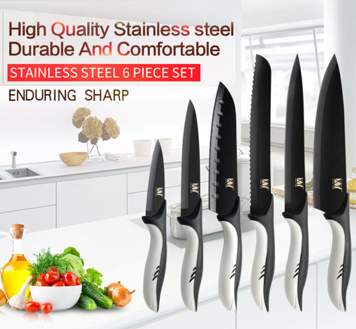 Immagine di XYJ Kitchen Stainless Steel K nives 6PCS /Set Black Blade Paring Utility Santoku Chef Slicing Peeler