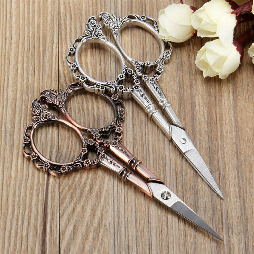 Picture of Vintage Flower Pattern Cross Stitch Embroidery Scissors DIY Handcrafteds Silver Bronze Sewing Shear