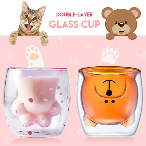 Picture of Cute Glass Bear Cup Cat Claw Cup Double Wall Insulated Mug Coffee Milk Tea Transparent Cup Birthday Gifts