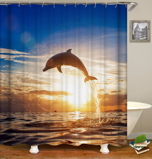 Picture of Dolphin Pattern Shower Curtain Waterproof Fabric Bath Accessory 3D Printing Ocean Curtain