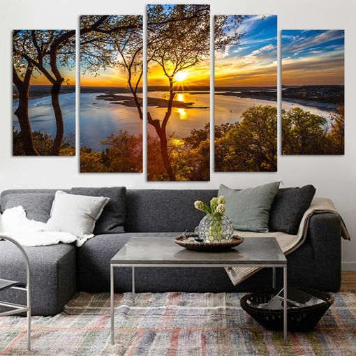 Immagine di 5 Panel Canvas Painting Sunset Lake Tree Seascape Landscape Poster Paintings Wall Art Decor Picture
