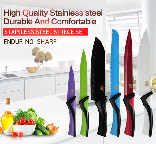 Picture of XYj 6PCS Stainless Steel K nife Kitchen Cook K nife Set Fantastic Colorful Chef Bread Slicing Paring Utility and Santoku K nife Cutlery Sets Vegetable Cutter
