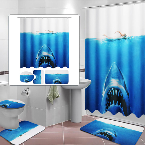 Immagine di Deep Sea Shark 3D Printing Bathroom Shower Curtain Toilet Cover Mat Non-Slip Rug Sets